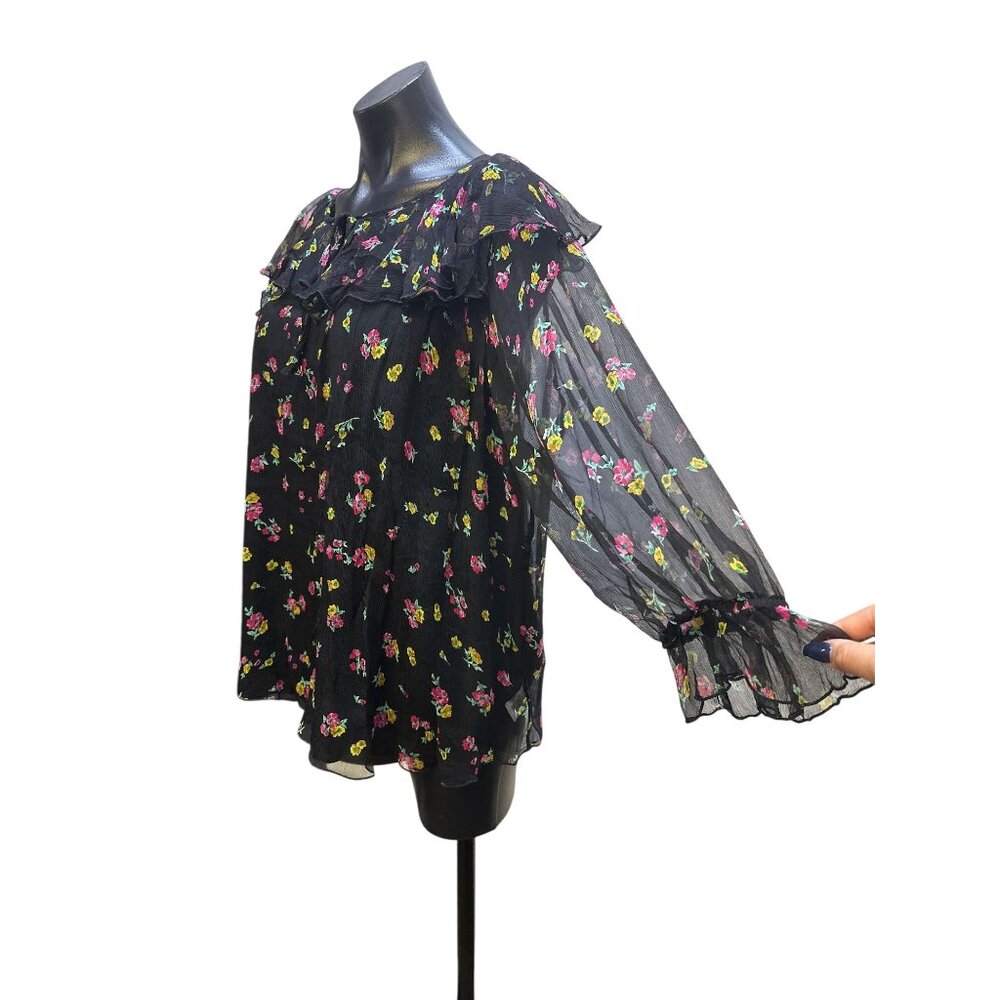 NWT Johnny Was Black Sheer Floral Ruffle Blouse w/Black Undershirt Size L - Picture 5 of 13